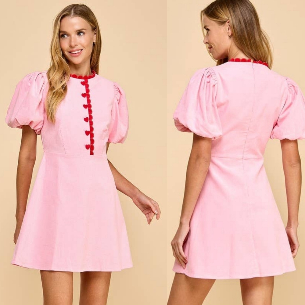 TCEC Women's Pink Red Corduroy Dress Heart Buttons Size L Coquette Girl NWOT